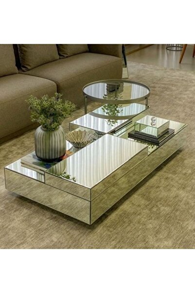 LUXURY VİLLA Luxury Gümüş Aynalı Tekerlekli Orta Sehpa 65x120 Yükseklik 28
