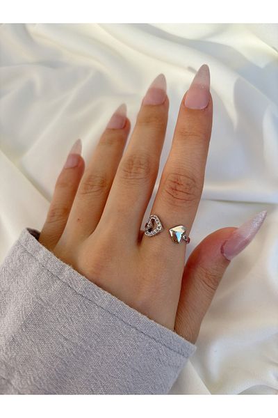 Eylülün Takısı Silver Colored Stone Detailed Heart Patterned Women's Ring