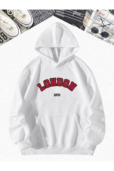 BENROMA Бял суитшърт с качулка и щампа London Oversize