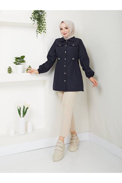 RACE FASHİON Button Closure Trench Coat with Elastic Waist