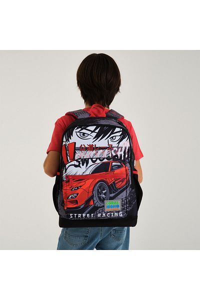 Coral Anime Car Patterned BlacK Red 4 Compartment School BacKpacK - 23747