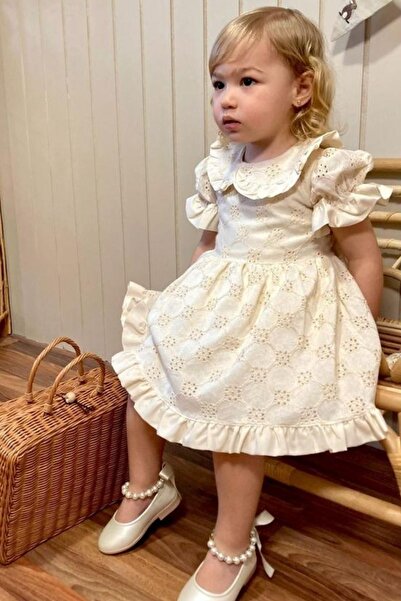 DENİMİNİ Bebe Yaka Kız Çocuk Elbise Bej DNM128