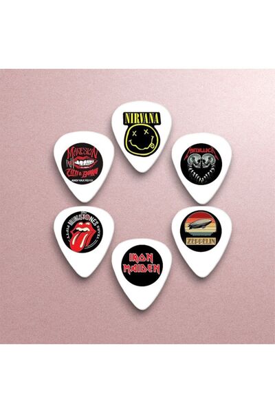 cantekin Gitar Pena 6 Adet Nirvana Metallica IronMaiden RollingStones Måneskin Zeppelin Çift Taraflı Baskılı