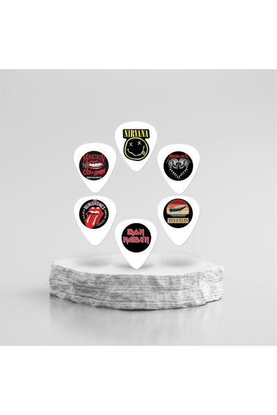cantekin Gitar Pena 6 Adet Nirvana Metallica IronMaiden RollingStones Måneskin Zeppelin Çift Taraflı Baskılı