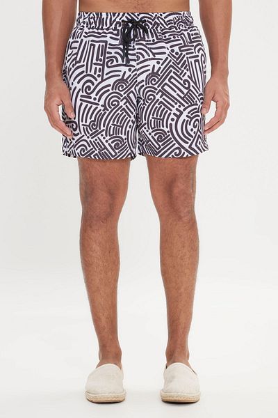 AC&Co / Altınyıldız Classics Ανδρικό λευκό μαύρο με τσέπες Quick Dry Pattern Standard Fit Μαγιό Σορτς μπάνιου κανονικής κοπής