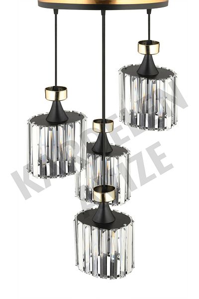 SONSUZ AYDINLATMA&AVİZE Luxury Chandelier - Black 4-Piece Pendant Lamp, Yellow Stripe and Crystal Stone Downward Facing