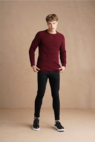Tarz Cool Men's Claret Red Ribbed Crew Neck Knitwear Sweater-trzcm28888r07s