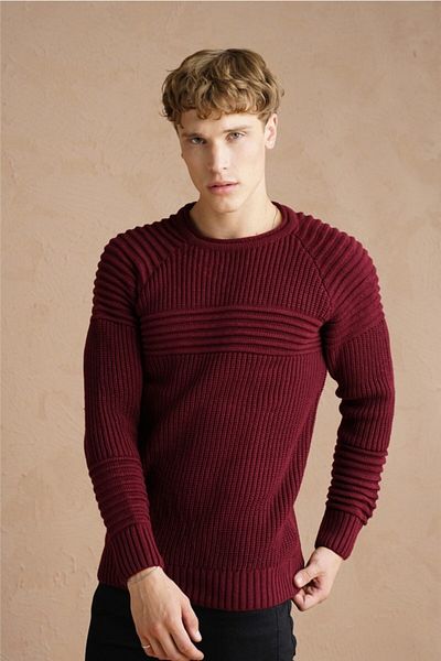 Tarz Cool Pulover pentru bărbați, roșu Claret, cu coaste, cu decolteu, tricot-trzcm28888r07s