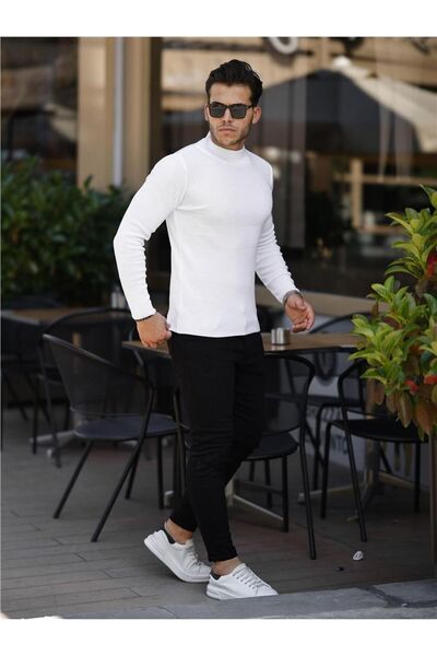 Tarz Cool White Men's Slim Fit Half Fisherman Corded Knitwear Sweater-TRZ19158R03S