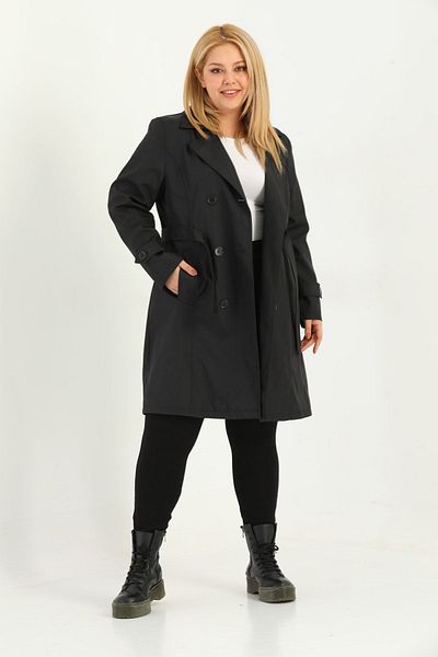 TUTveAL Collection Women's Water Resistant Plus Size Trench Coat Belted Double Breasted Trench Coat Bonded Fabric Lining Black