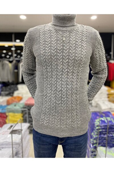 Tarz Cool Men's Dark Gray Knitted Patterned Turtleneck Knitwear Sweater