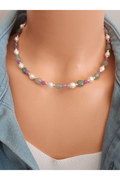 Home Doğaltaş Aventurin-Mor Akik ve Doğal İncili Kolye