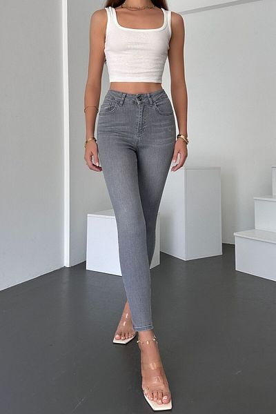 HLT JEANS Šedé dámské Skinny Fit džíny s vysokým pasem Lycra Flexibilní džíny JENNIE-GRAY