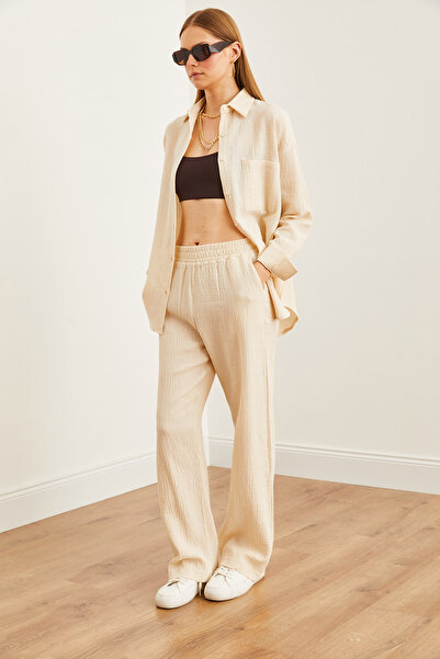 Olalook Kadın Taş Beli Lastikli Cepli Müslin Pantolon PNT-19000279
