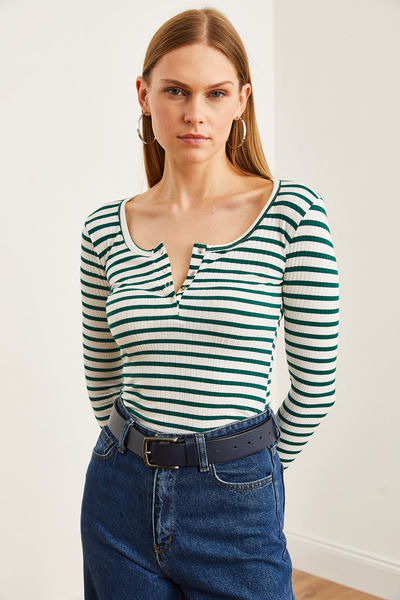 Olalook Emerald Green χοντρό κορδόνι καμισόλ μπλούζα - Placket, BLZ- 19000588