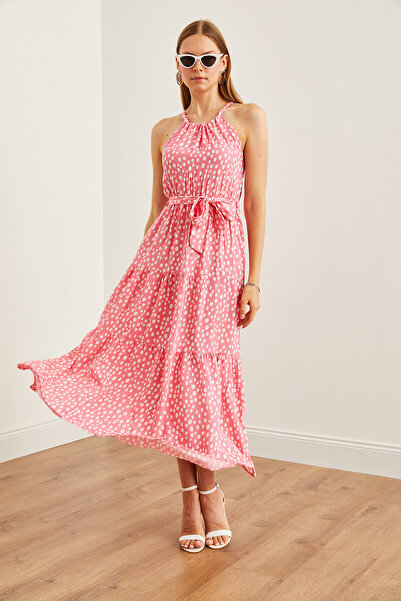 Olalook Ροζ-λευκό φόρεμα Viscon Halter Neck - ζωσμένο, υφαντό ELB- 19001548