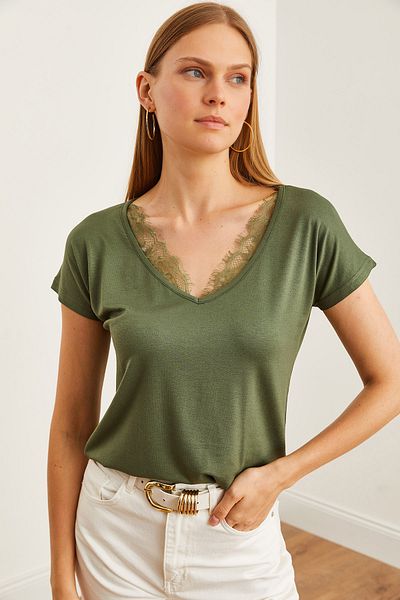 Olalook Γυναικεία μπλούζα δαντέλα KHaki χρωματιστή - Loose Viscose BLZ- 19000873