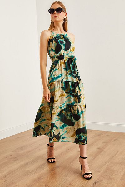 Olalook Damenkleid aus Viskose mit Neckholderkragen und Gürtel in Steinoptik - ELB- 19001548
