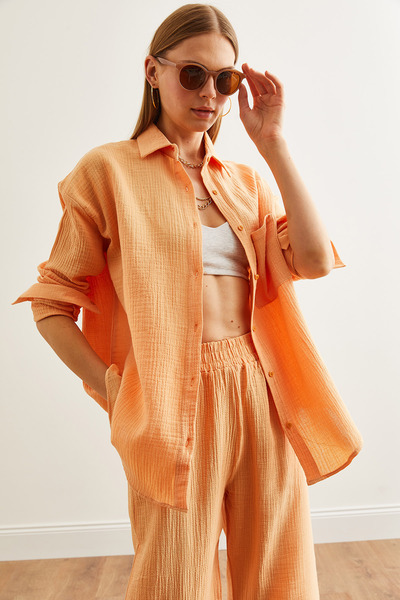 Olalook SalMon Color Oversize Γυναικείο πουκάμισο μουσελίνας - GML- 19001217
