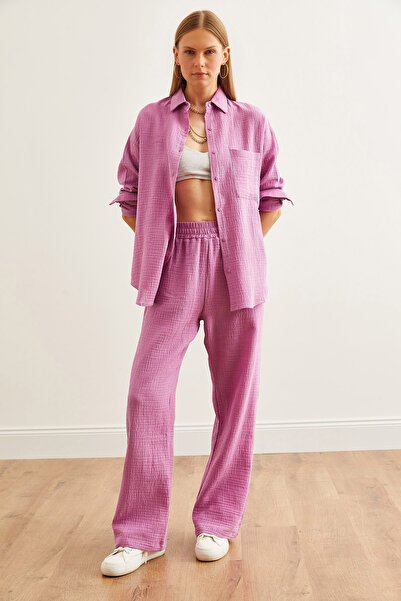 Olalook Kadın Mor Beli Lastikli Cepli Müslin Pantolon PNT-19000279