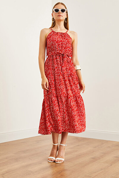 Olalook Červené viskózové šaty s drobným potiskem květin s ohlávkovým výstřihem - s páskem, ELB- 19001548