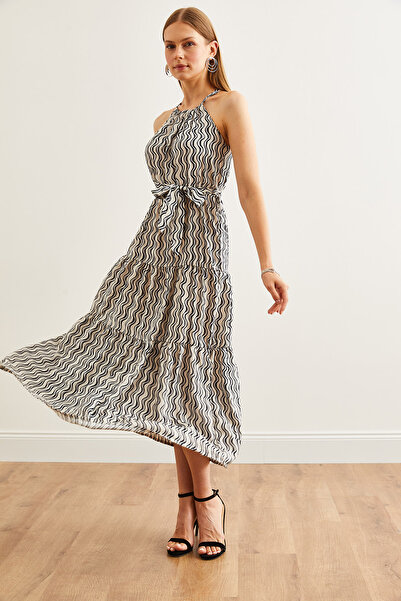 Olalook Dámské viskózové šaty s černým ohlávkovým límcem - ELB- 19001548