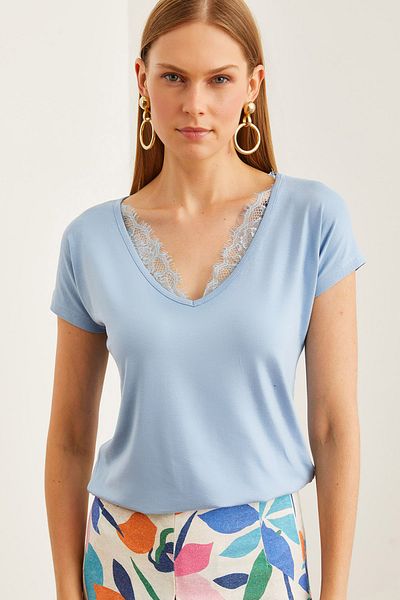 Olalook Baby Blue Lace Viscose Γυναικεία Μπλούζα - BLZ- 19000873