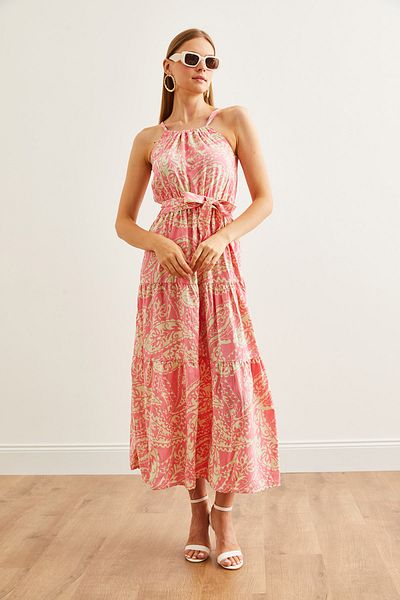 Olalook Rosa Neckholderkleid aus Viskose – mit Gürtel, ELB-19001548