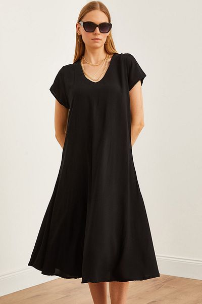 Olalook Μαύρο γυναικείο φόρεμα casual βισκόζη με V λαιμόκοψη - ELB- 19002245