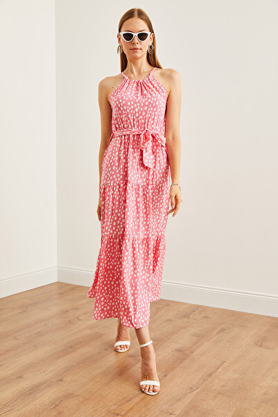 Olalook Ροζ-λευκό φόρεμα Viscon Halter Neck - ζωσμένο, υφαντό ELB- 19001548