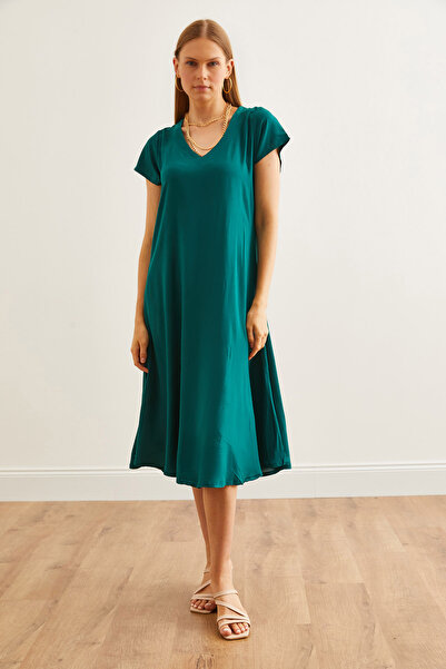 Olalook Φαρδύ γυναικείο φόρεμα Viscose με λαιμόκοψη σμαραγδένιο πράσινο - ELB- 19002245