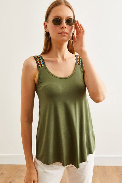 Olalook Ethnic KHaki Viscose Μπλούζα - Asymmetric Cut, Strap BLZ- 19002703