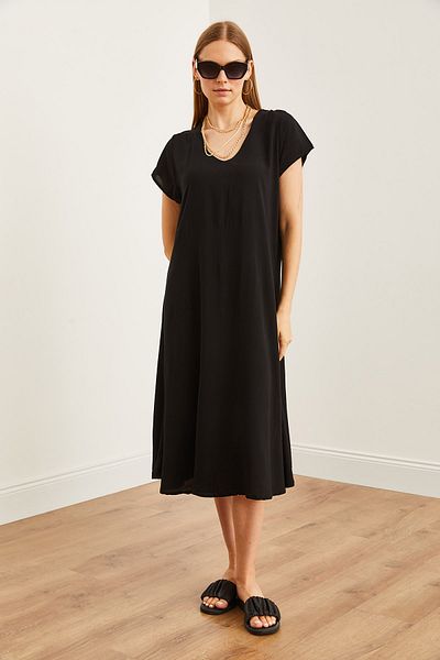 Olalook Μαύρο γυναικείο φόρεμα casual βισκόζη με V λαιμόκοψη - ELB- 19002245