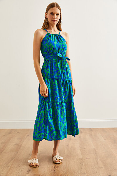 Olalook Zelené Saks Modré viskózové šaty s ohlávkovým výstřihem – s páskem, ELB- 19001548