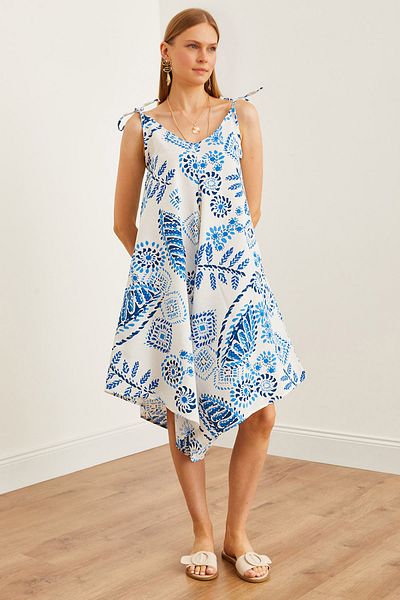 Olalook Blauer Damen-Jumpsuit aus Viskose – mit Schnürung und Tasche, gewebte Träger TLM-19000116