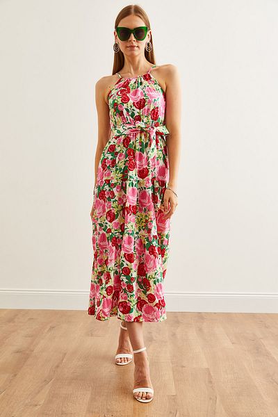 Olalook Neckholderkleid aus rosa Viskose – mit Gürtel, ELB-19001548