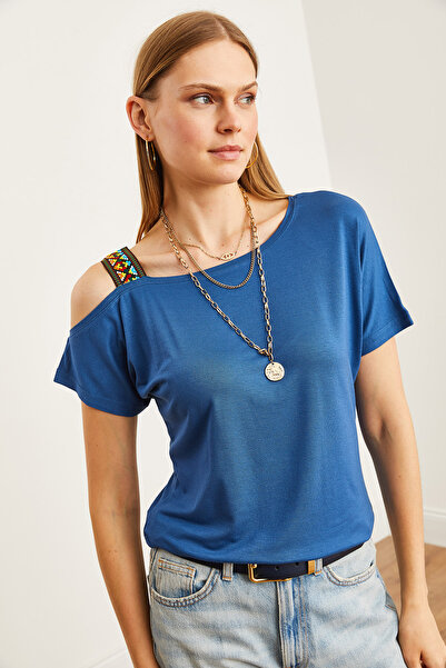 Olalook Indigó egy vállú etnikai női blúz - BLZ- 19000194