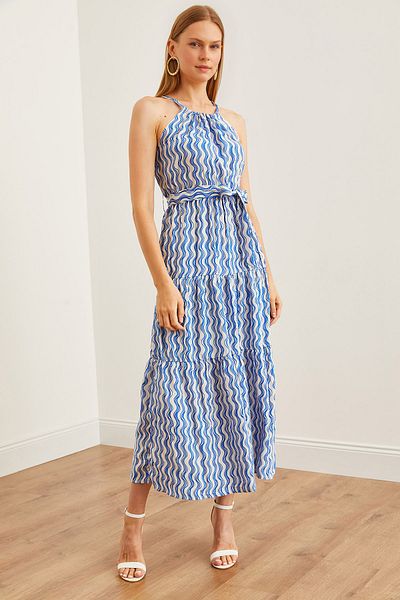 Olalook Rochie din viscoană cu gât albastru ondulat - cu curea, ELB- 19001548