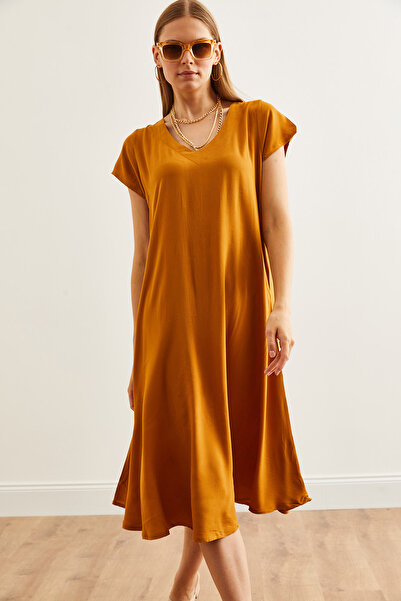 Olalook Mustard V-neck Viscose Casual Women's Dress - ELB- 19002245