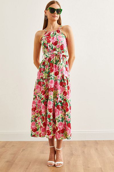 Olalook Neckholderkleid aus rosa Viskose – mit Gürtel, ELB-19001548