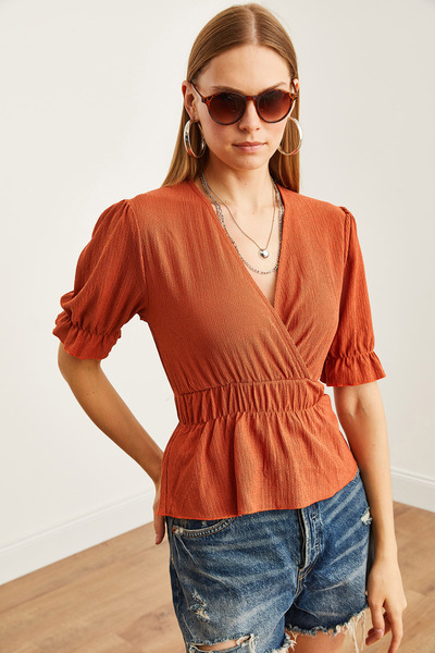 Olalook Brick Colored Women's Double Breasted Blouse - Elastic Waist BLZ- 19002187