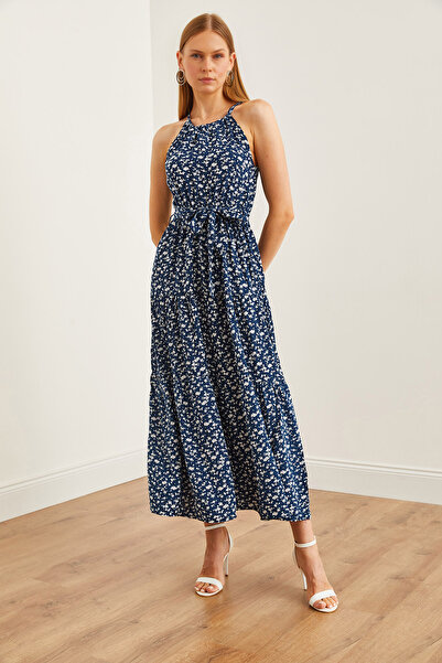 Olalook Сукня з віскози з квітковим візерунком на горловині з дефектами ELB19001548 темно-синя з квітковим візерунком ELB19001548