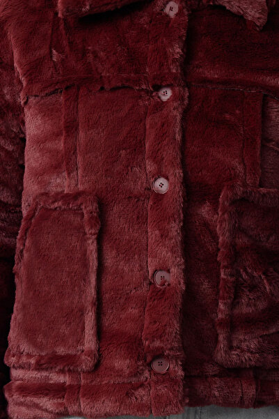 Trendyol Collection Burgundy Plush Jacket - Oversize, Quilted Detail, Twoaw25Mo00130