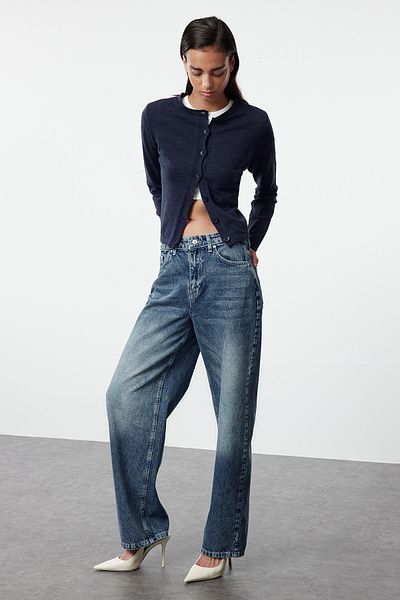 Trendyol Collection Blugi largi cu barrel albastru cu talie înaltă TWOAW25JE00130