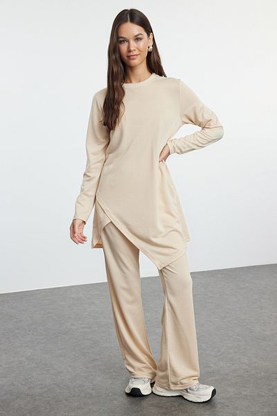 Trendyol Modest Asymmetric Cut Beige Knitted Set - TCTAW25US00062