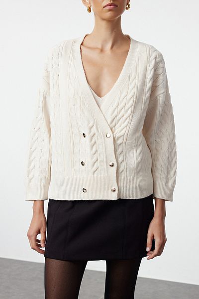 Trendyol Collection Ecru Knitwear Double Set - Double Breasted Detailed Blouse and Cardigan Twoaw25Hi00033