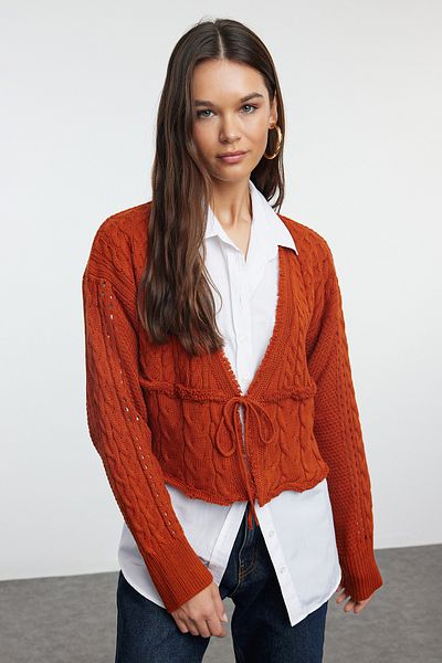 Trendyol Collection Tile Knitwear Crop Cardigan with Tie Detail - TWOAW25HI00060