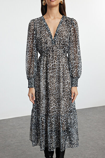 Trendyol Collection Leopard Print Φόρεμα Μίντι Σιφόν Καφέ - Ανοιγόμενο με γραμμή και μέση Twoaw24el00710