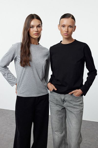 Trendyol Collection Černošedé 2-balení – 100% bavlna Tričko s výstřihem TWOAW25TS00001