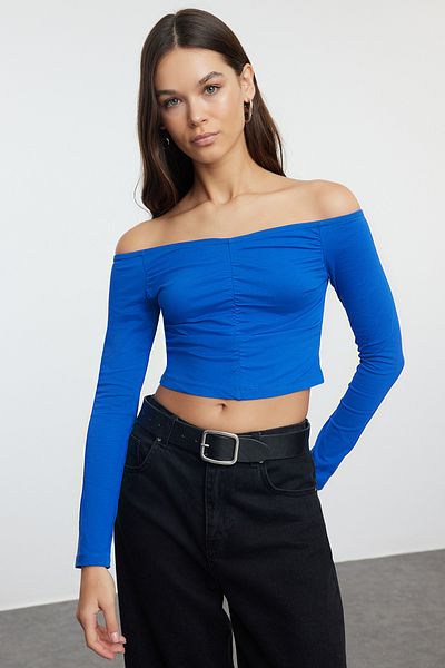 Trendyol Collection Carmen Collar Saks Gathered Crop Blouse - Short Fitted Knitted Blouse TWOAW25BZ00179